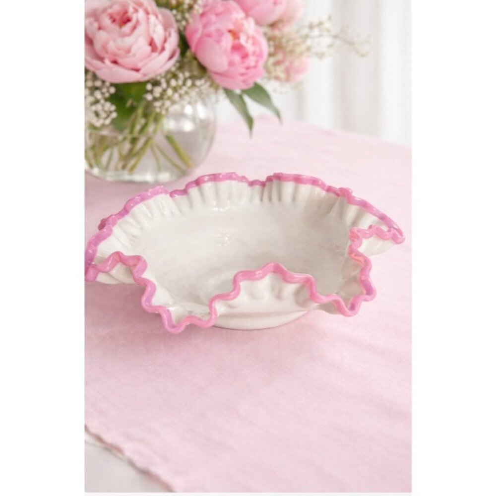 Vintage Fenton‎ Apple Blossom Crest Milk Glass 10” Crimped Ruffled Bowl